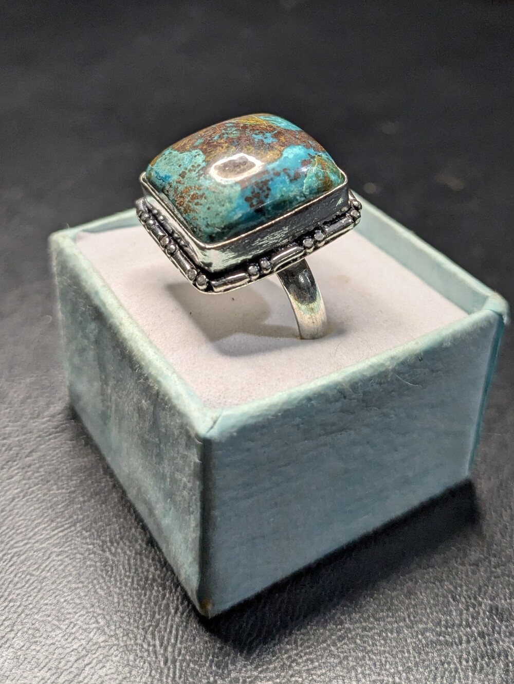 Handcrafted Natural Azurite Cushion Ring (8) - Picture 2 of 12